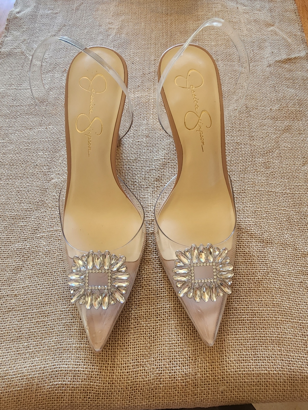 Jessica Simpson Clear Pointed Slingback Pumps with Crystal Accent - Nude